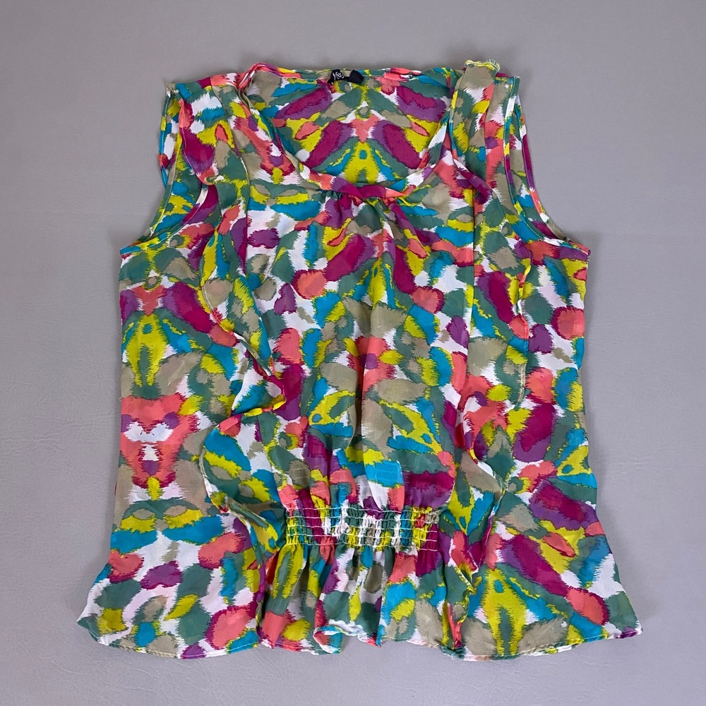 Relativity Blouse Womens XL Multicolor Abstract Ruffle Smocked Peplum Sleeveless